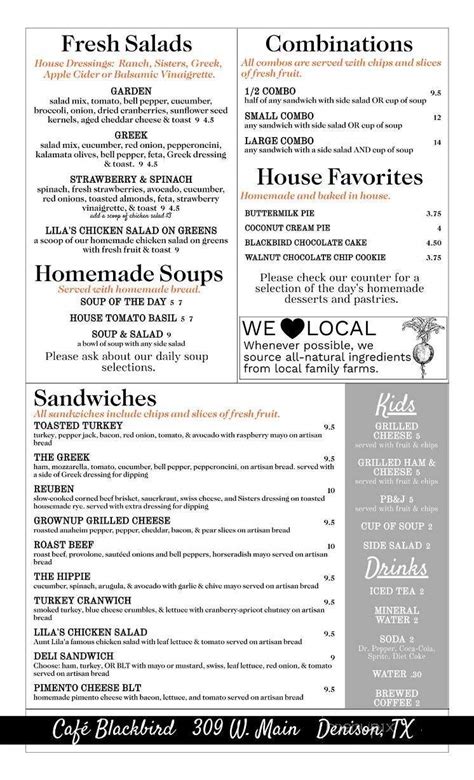 Online Menu of Cafe Blackbird, Denison, TX