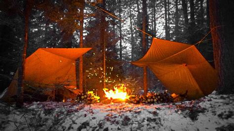 Tarp Camping in the Snow - Double Lean-To Tarp Setup with a Fire in ...