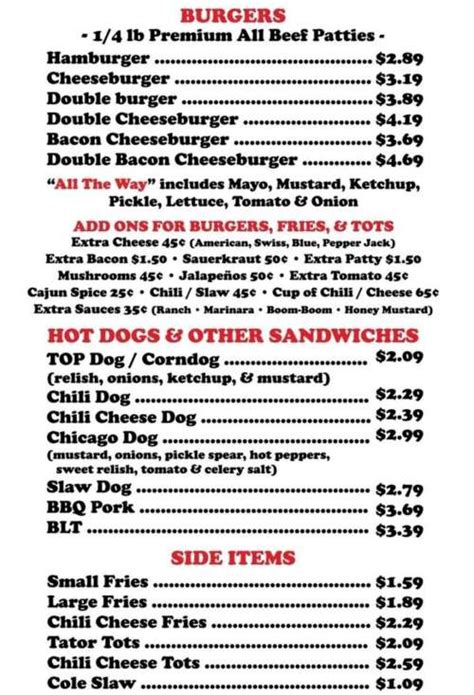 Tops Burgers menu in Navarre, Florida, USA