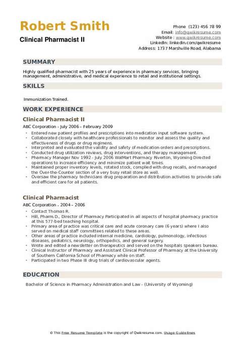 Clinical Pharmacist Resume Samples | QwikResume