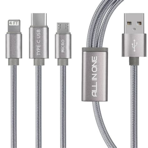 3 in 1 Durable Braided Multi USB Charger Cable Cord with Micro USB, USB-C Connector to USB-A For ...