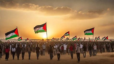 Premium AI Image | Distant Protest with Palestine Flags Sunset