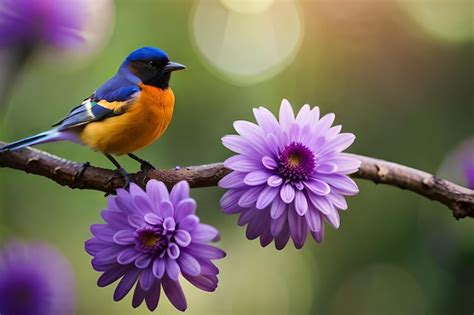 Premium Photo | A bird on a branch with purple flowers