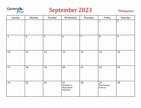 September 2023 Monthly Calendar with Philippines Holidays