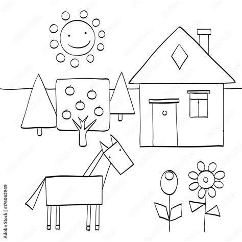 coloring page for children to find geometric shapes in nature. house, trees, sun, horse and ...