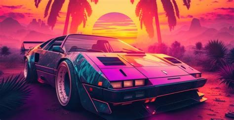 Wallpaper synthwave car, nostalgic for the 80s, digital art desktop ...