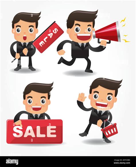 funny cartoon office worker with sale Promotions icon set Stock Vector ...