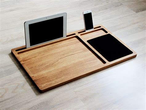 Portable laptop desk Oak wood lap tray with tablet & phone slots Mobile ...