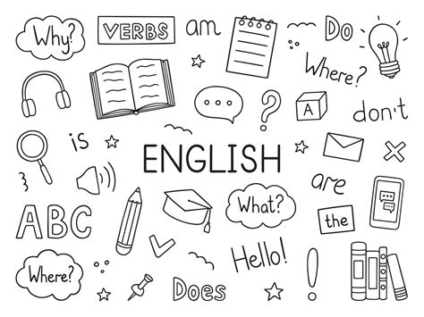 Learning English doodle set. Language school in sketch style. Online ...