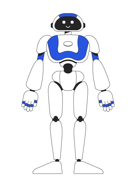 Standing humanoid robot with smile linear flat color vector character ...