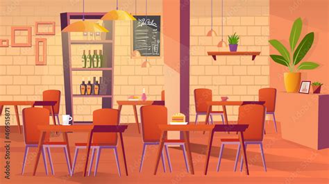 Restaurant interior concept. Apartment with furniture - tables with chairs, drinks and food ...