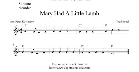 Mary Had A Little Lamb, free soprano recorder sheet music notes