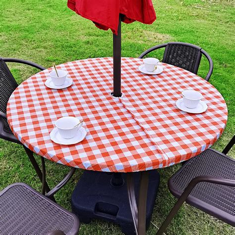 Vinyl Round Fitted Tablecloth With Umbrella Hole Table Cover With Flannel Backing Oil&Waterproof ...