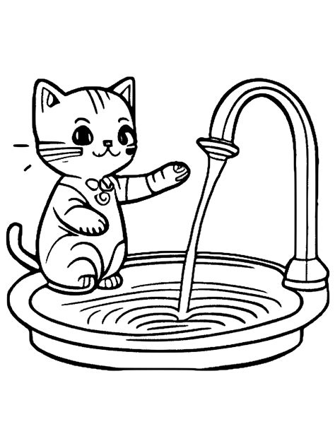 Cute Cat Playing with Water Coloring Page · Creative Fabrica