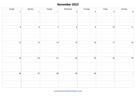 November 2023 Fillable Calendar Grid With Lines