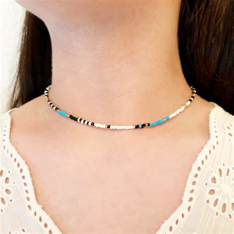 Turquoise Beaded Choker Gold Choker Necklace White Seed Bead | Etsy