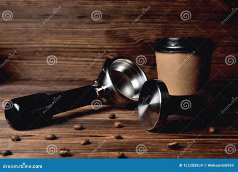 Temper Portafilter Coffee Beans Cardboard Coffee Cup On A Brown Wooden Background Close-up Stock ...