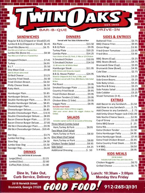 Menu of Twin Oaks BBQ in Brunswick, GA 31520