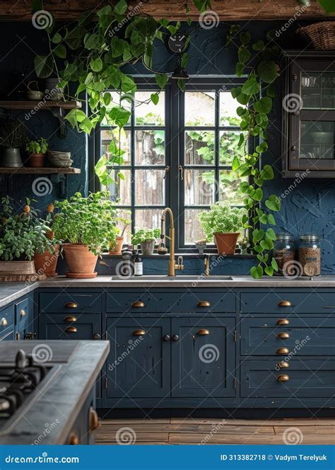 Dark Blue Kitchen Interior with Window Wooden Ceiling Beams and Lots of Plants Stock Photo ...