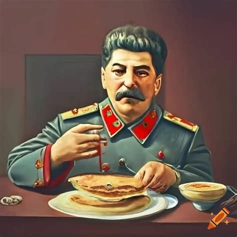 Satirical image of joseph stalin eating pancakes