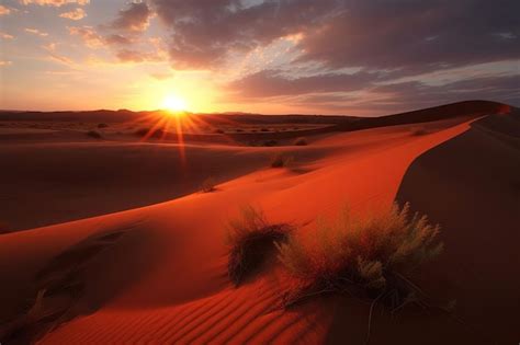 Premium AI Image | A sunset in the desert with the sun setting over the horizon.