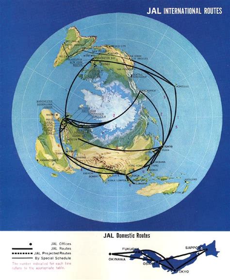 Japan Air Lines (JAL) route map, 1968, polar projection map #map #japan #travel | Route map ...