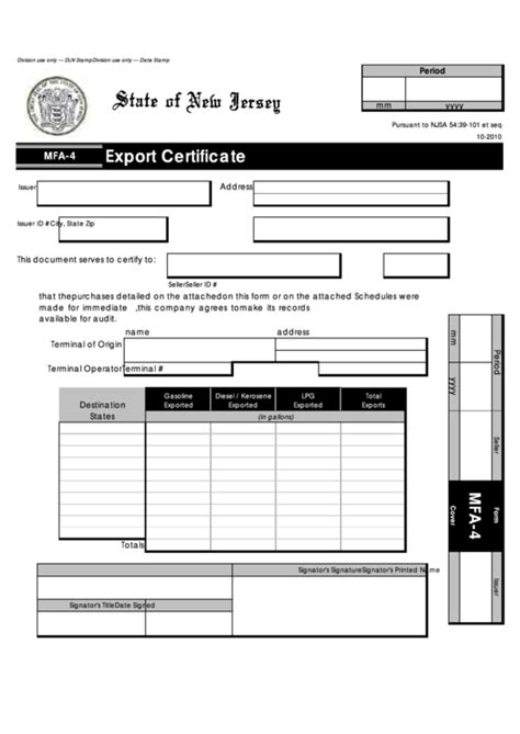 Fillable Form Mfa-4 - Export Certificate printable pdf download