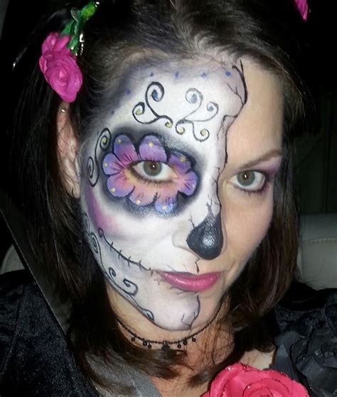 half sugar skull face paint for girls women | Halloween makeup sugar skull, Sugar skull face ...