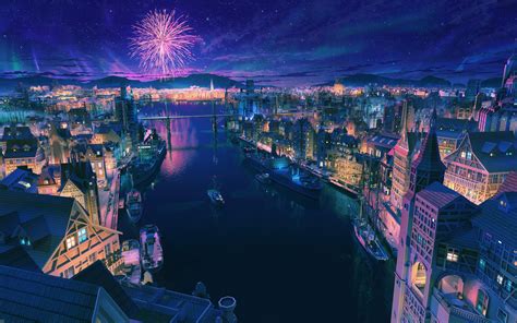 Anime, City, Night, Fireworks, Scenery, 4K, #182 Wallpaper PC Desktop