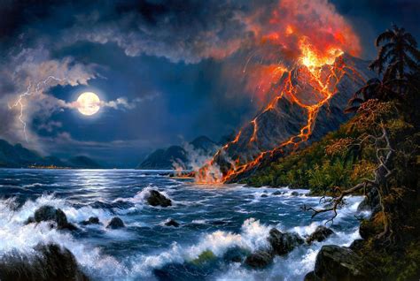 HD Wallpaper: Majestic Volcano Erupting Over Serene Waters