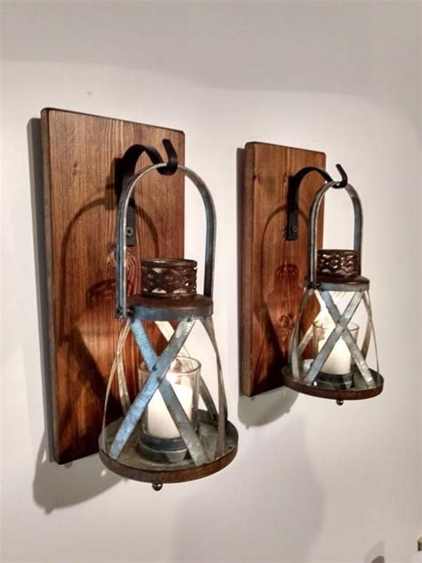 Rustic Home decor. Metal lantern. Wall sconce set. Lighted wall sconce ...