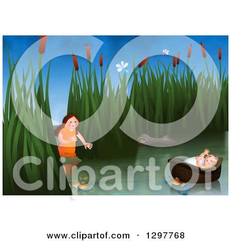 Clipart of Miriam Watching over Baby Moses Floating in a Basket on the Nile River - Royalty Free ...