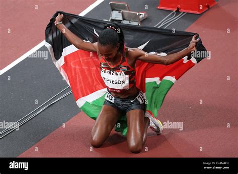 AUG 06, 2021 - Tokyo, Japan: Faith KIPYEGON of Kenya celebrates winning the Gold Medal in the ...