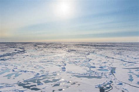 Aerial view of melting ice on North Pole stock photo