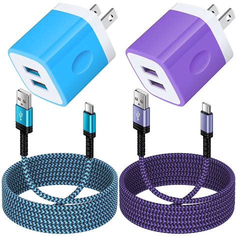 FiveBox High Speed 2.1A Dual USB Charger Block with 2pcs Type C Cable, 6ft Fast Charging (Purple ...