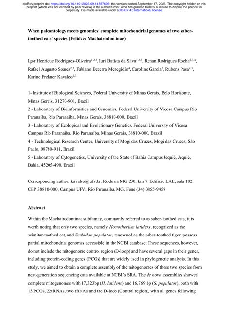 (PDF) When paleontology meets genomics: complete mitochondrial genomes of two saber-toothed cats ...