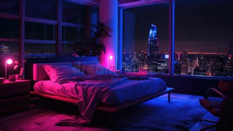 Modern Bedroom with Neon Lights and a Cityscape View at Dusk Stock ...