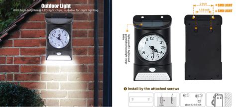 Solar Light Clock Courtyard Wall Mounted Solar Outdoor Clock with LED Light