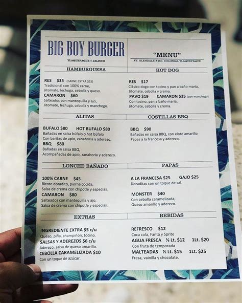 Menu at Big Boy Burger restaurant, Tlaquepaque