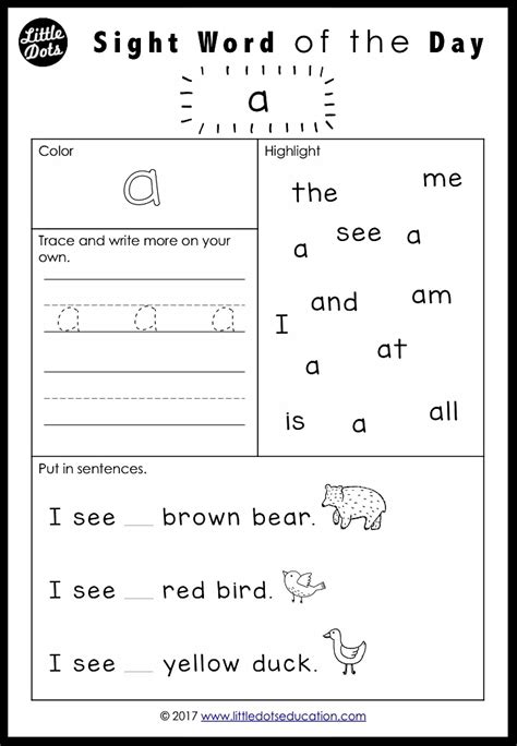 Free Pre-K Dolch Sight Words Worksheets Set 1