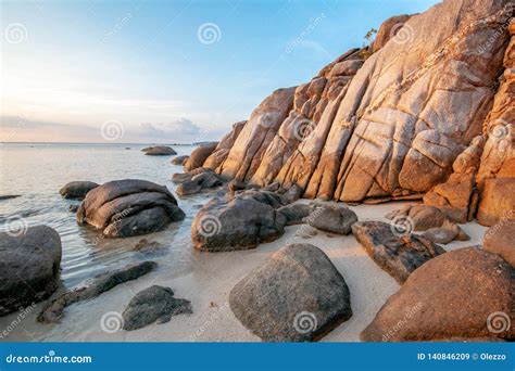 Sea Sunset Rocks Beach on Blue Sky Background. Beauty Evening Sunrise. Blue Background Stock ...