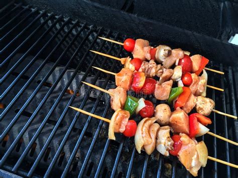 Meat And Vegetable Skewers On A Barbecue Grill Stock Image - Image of food, grill: 67770097