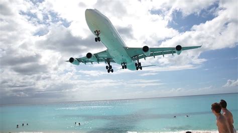 St Maarten Airport Landing and Take Off VERY CLOSE! Sunset (Maho) Beach HD - YouTube