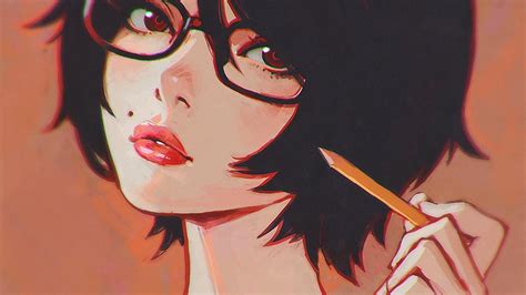 Wallpaper : face, drawing, illustration, anime, glasses, red, cartoon, Ilya Kuvshinov, ART ...