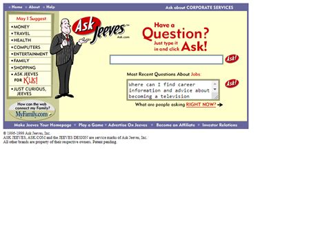 Ask Jeeves in 1999 - Web Design Museum