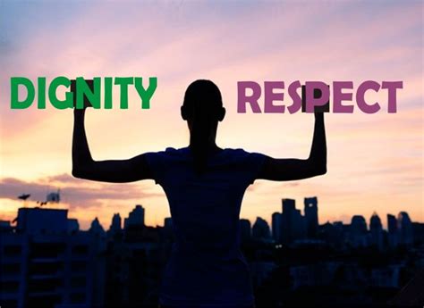 a man holding up the words dignity and respect in front of a cityscape