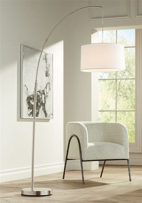 360 Lighting Cora Modern Arc Floor Lamp Standing 72" Tall Brushed Nickel Metal White Linen Drum ...