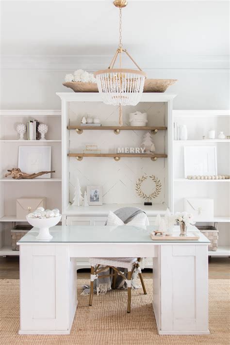 Love this white and natural wood home office decorated for Christmas. # ...