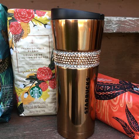 Stainless Starbucks Coffee Cup Tumbler w/ Swarovski Rose Gold Crystal 16 oz Grande Hot Tea Drink ...