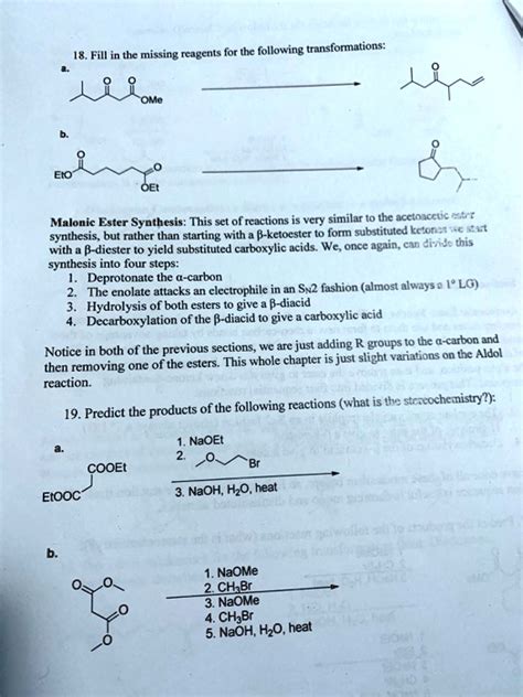 SOLVED: 18. Fill in missing reagents for the following transformations: OMc OEt Malonic Ester ...